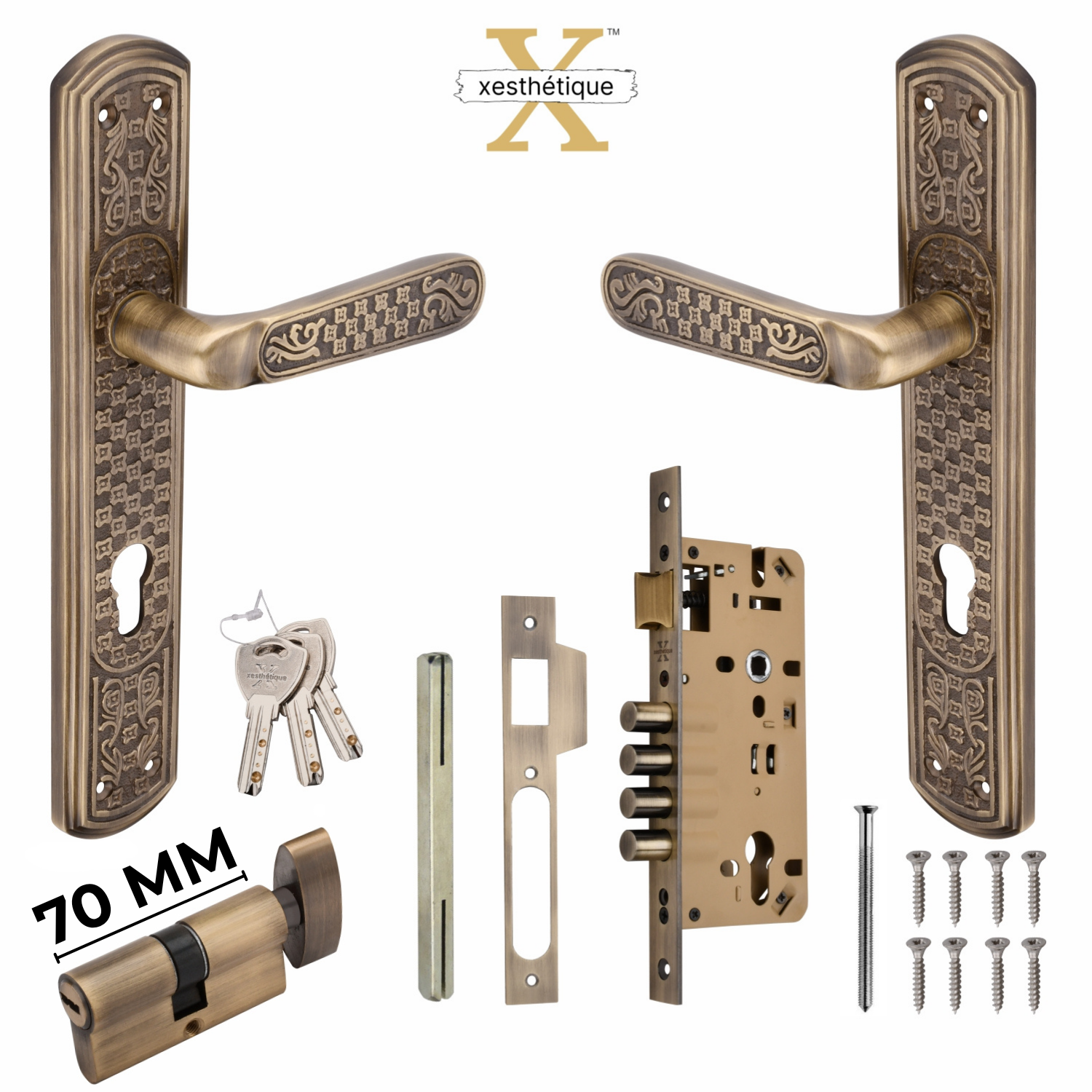 Xesthetique Vintage Brass Mortise Door Lock Set – 10" Handle with Secure 4 Bullet Lock One Side Nobe Ultra Key 70MM/90MM Pin Cylinder BE80