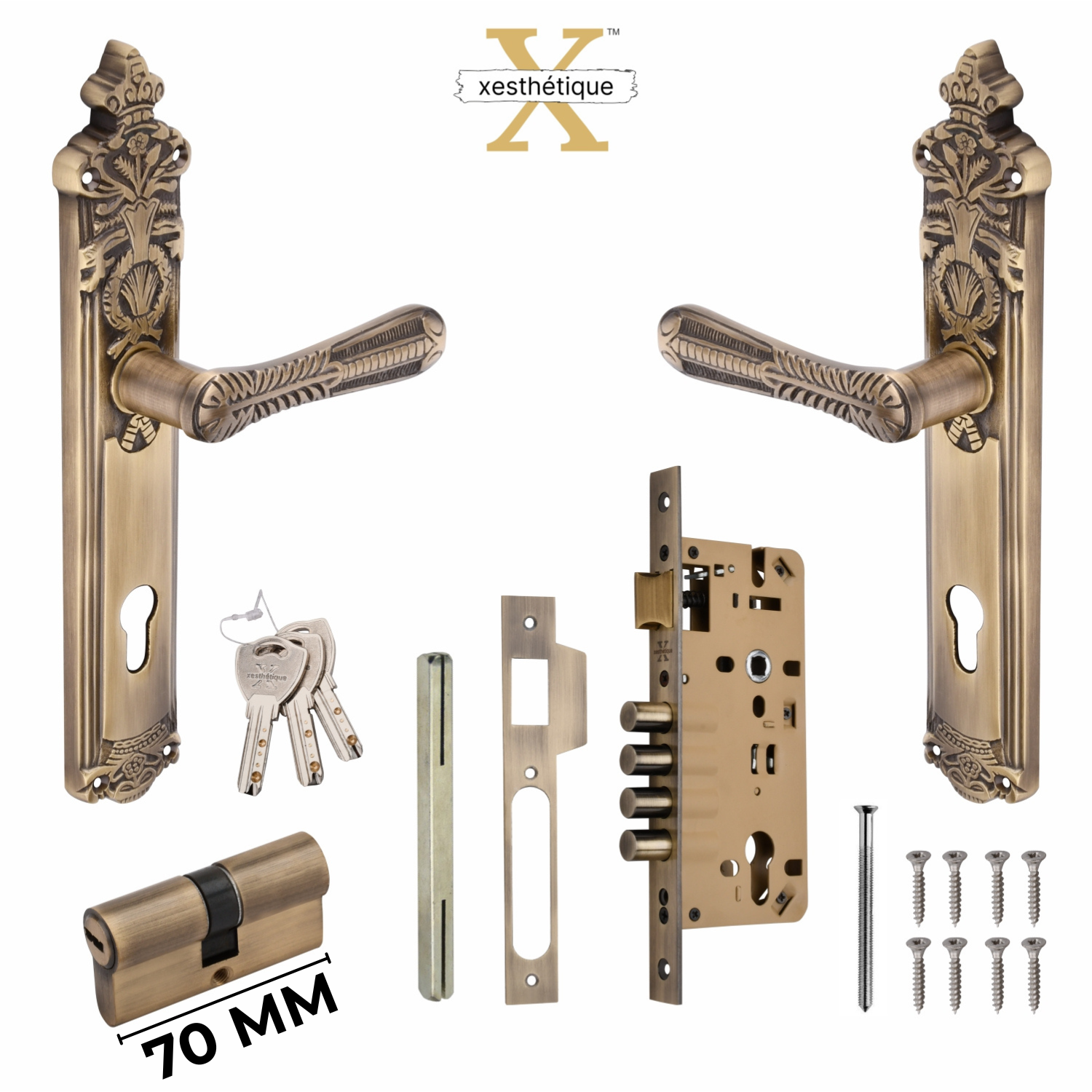 Xesthetique Vintage Brass Mortise Door Lock Set – 10" Handle with Secure 4 Bullet Lock Both Side Ultra Key 70MM/90MM Pin Cylinder CEL85