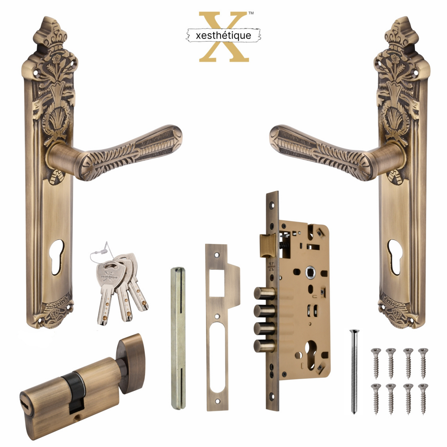 Xesthetique Vintage Brass Mortise Door Lock Set – 10" Handle with Secure 4 Bullet Lock One Side Nobe Ultra Key Cylinder CEL84