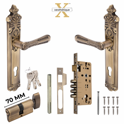 Xesthetique Vintage Brass Mortise Door Lock Set – 10" Handle with Secure 4 Bullet Lock One Side Nobe Ultra Key 70MM/90MM Pin Cylinder CEL86