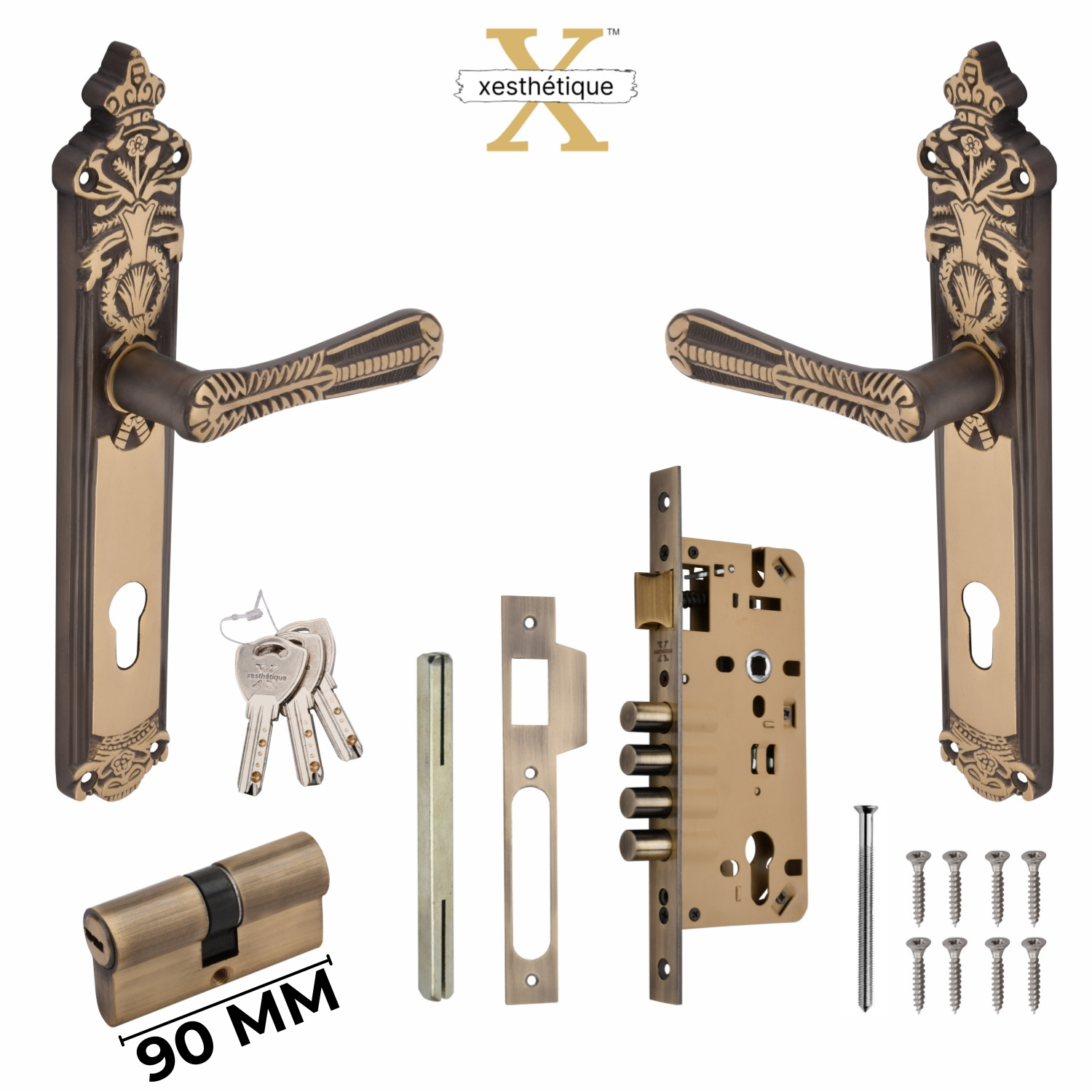 Xesthetique Vintage Brass Mortise Door Lock Set – 10" Handle with Secure 4 Bullet Lock Both Side Ultra Key 70MM/90MM Pin Cylinder CEL87