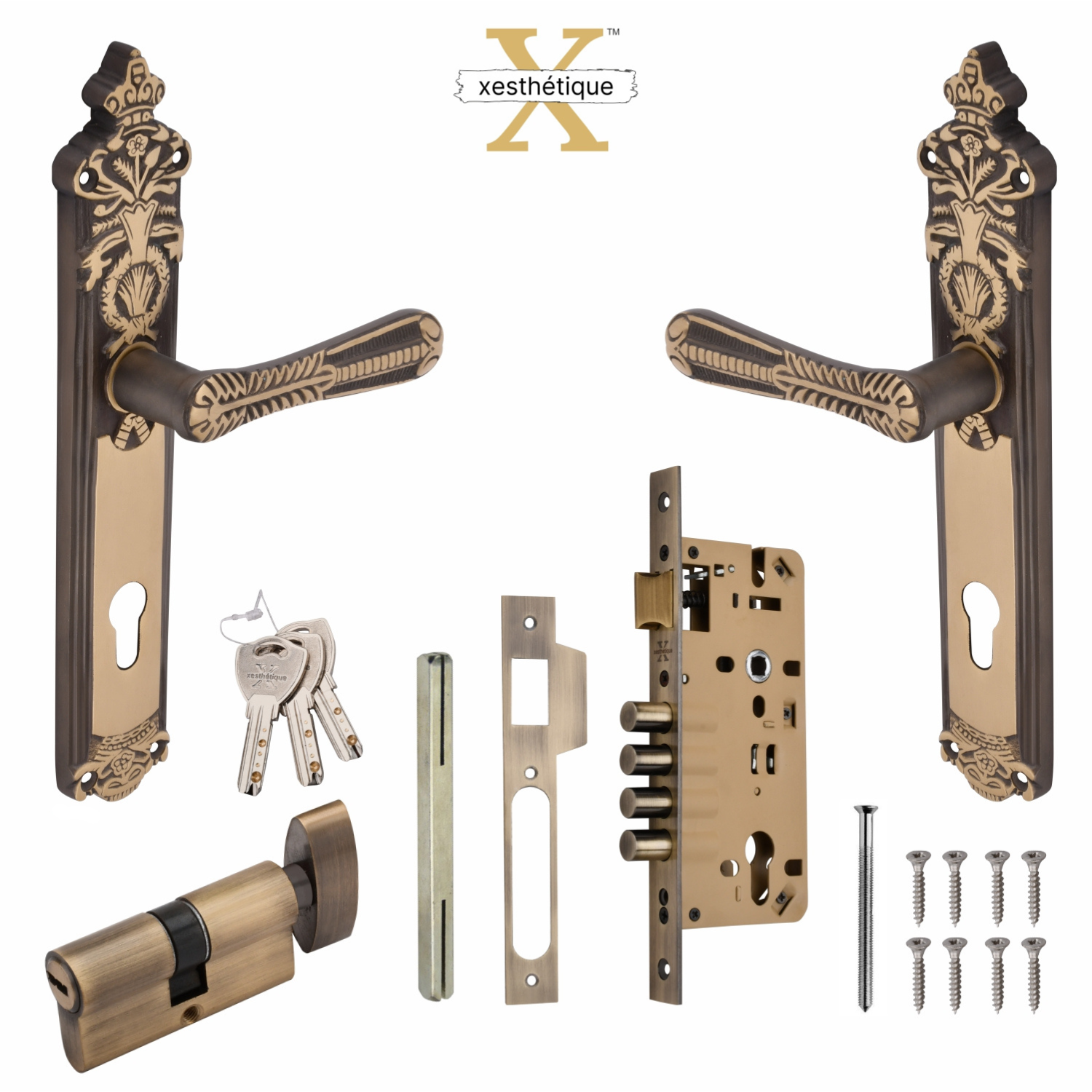Xesthetique Vintage Brass Mortise Door Lock Set – 10" Handle with Secure 4 Bullet Lock One Side Nobe Ultra Key Cylinder CEL84