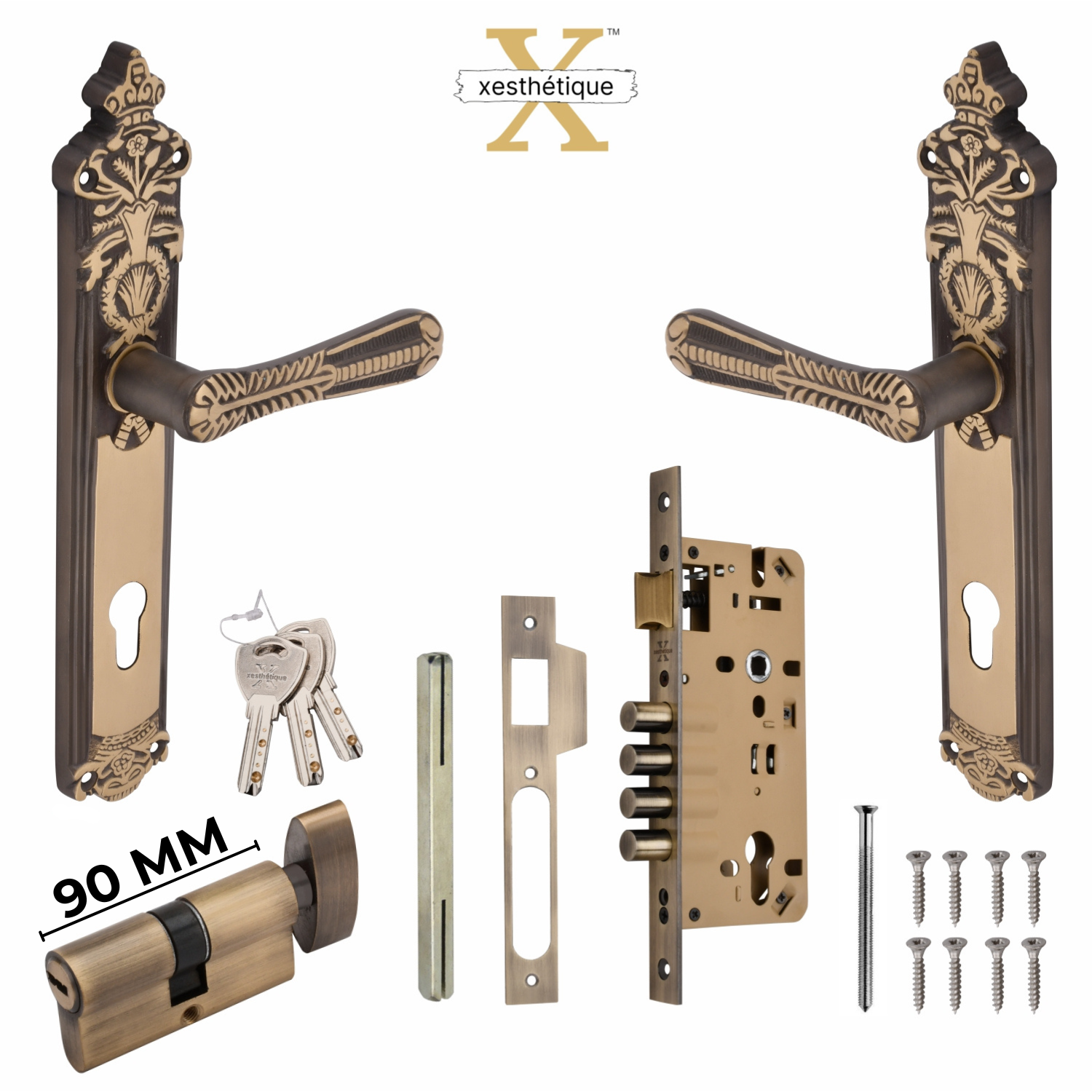 Xesthetique Vintage Brass Mortise Door Lock Set – 10" Handle with Secure 4 Bullet Lock One Side Nobe Ultra Key 70MM/90MM Pin Cylinder CEL88