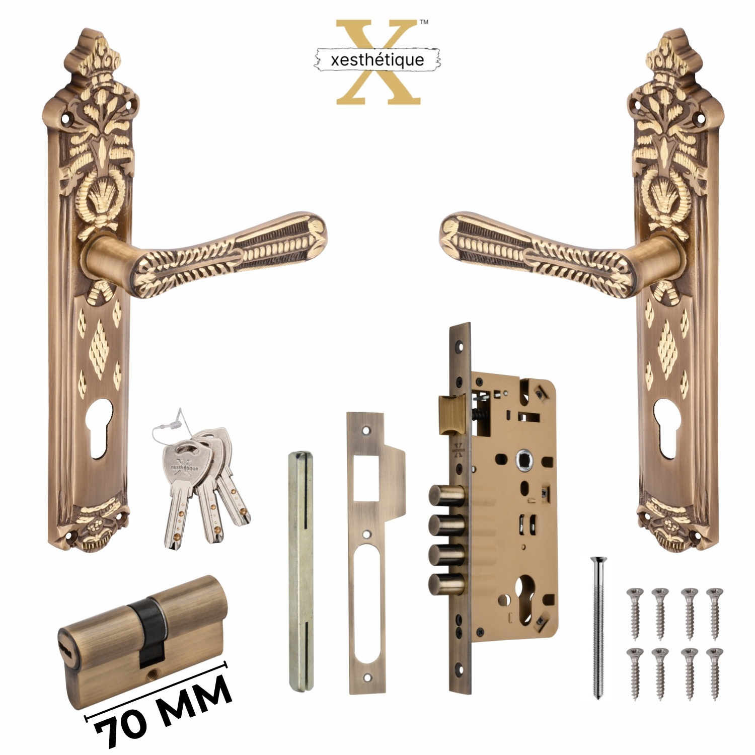 Xesthetique Vintage Brass Mortise Door Lock Set – 10" Handle with Secure 4 Bullet Lock Both Side Ultra Key 70MM/90MM Pin Cylinder CEL89