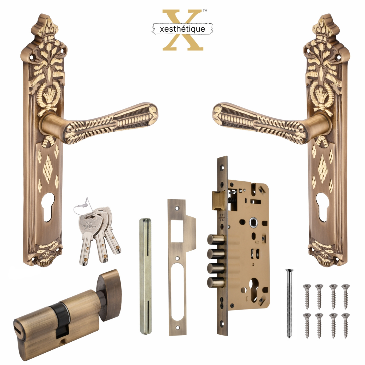 Xesthetique Vintage Brass Mortise Door Lock Set – 10" Handle with Secure 4 Bullet Lock One Side Nobe Ultra Key Cylinder CEL84