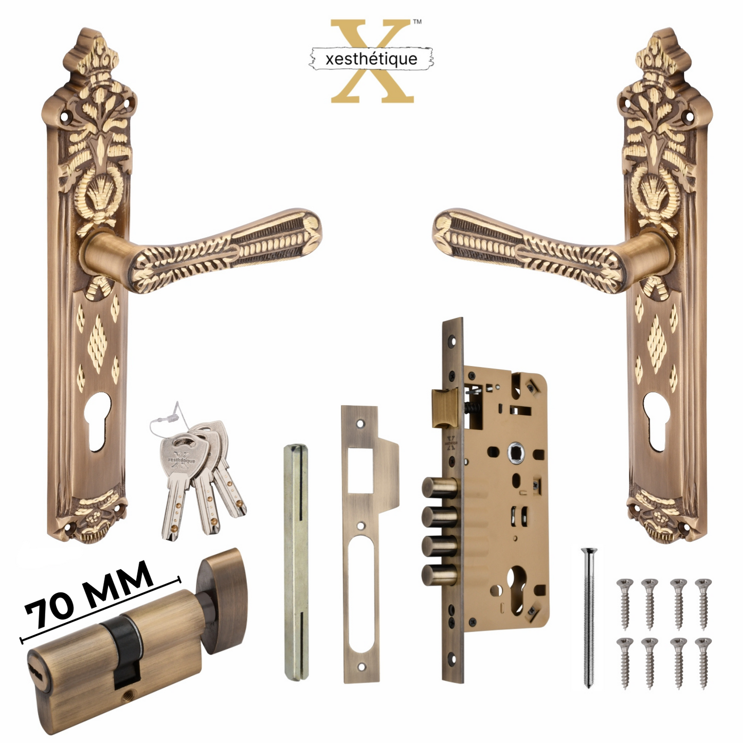 Xesthetique Vintage Brass Mortise Door Lock Set – 10" Handle with Secure 4 Bullet Lock One Side Nobe Ultra Key 70MM/90MM Pin Cylinder CEL90