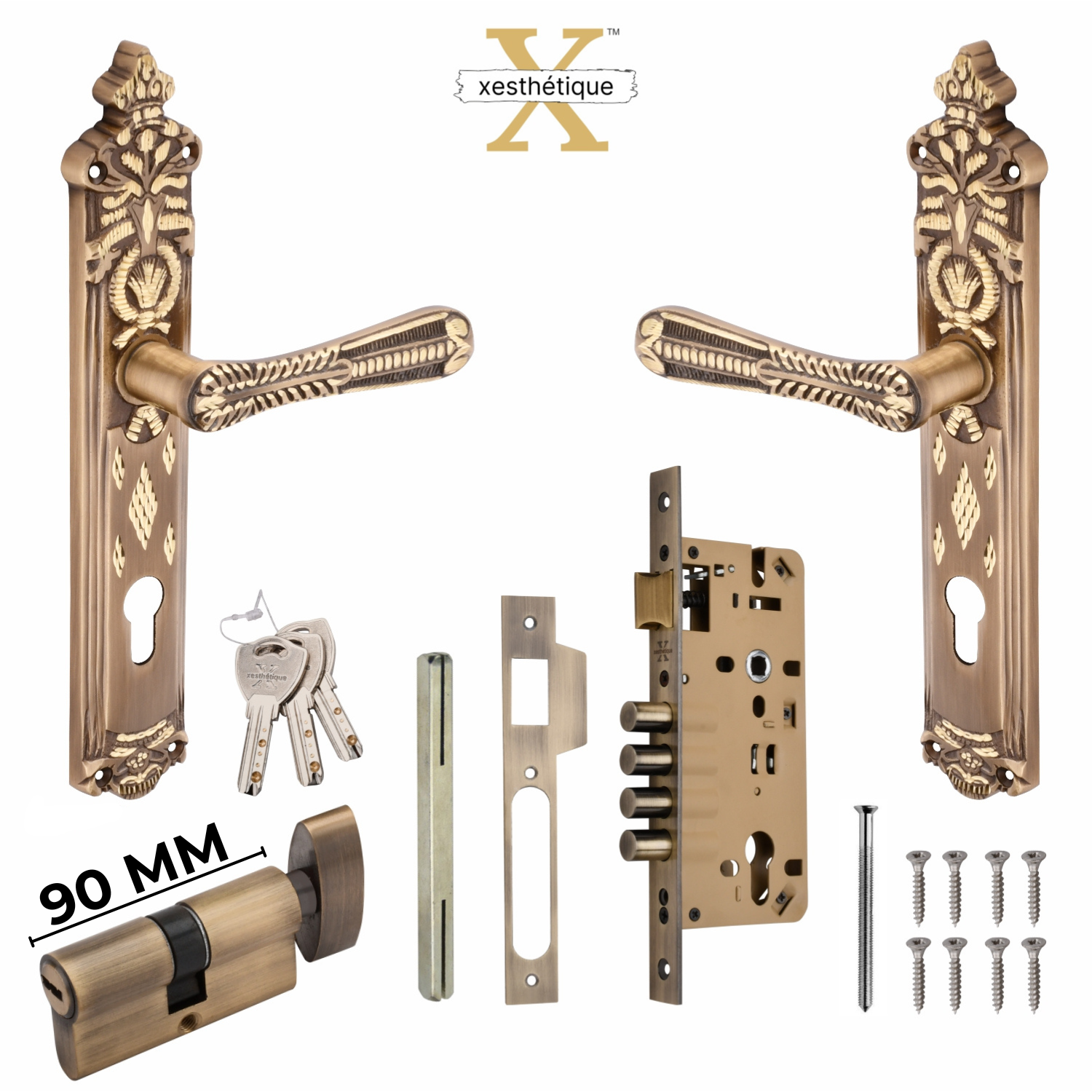 Xesthetique Vintage Brass Mortise Door Lock Set – 10" Handle with Secure 4 Bullet Lock One Side Nobe Ultra Key 70MM/90MM Pin Cylinder CEL90