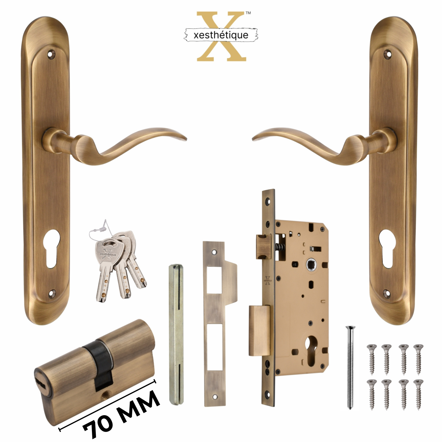 Xesthetique Premium Brass Mortise Door Lock Set – 10" Handle with Secure Both Side Ultra Key 70MM/90MM Pin Cylinder ELE98