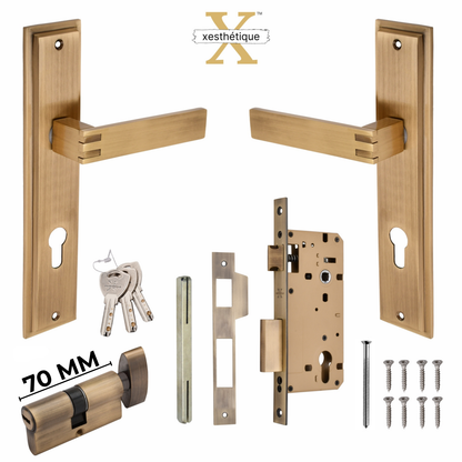 Xesthetique Premium Brass Mortise Door Lock Set – 10" Handle with Secure One Side Nobe Ultra Key 70MM/90MM Pin Cylinder SIL104