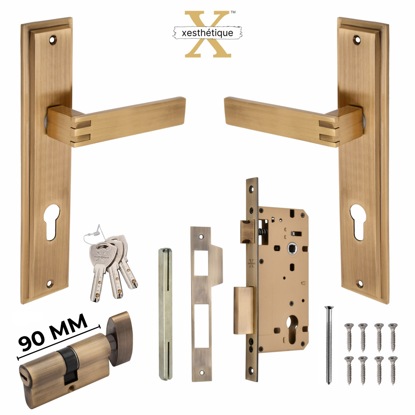 Xesthetique Premium Brass Mortise Door Lock Set – 10" Handle with Secure One Side Nobe Ultra Key 70MM/90MM Pin Cylinder SIL104