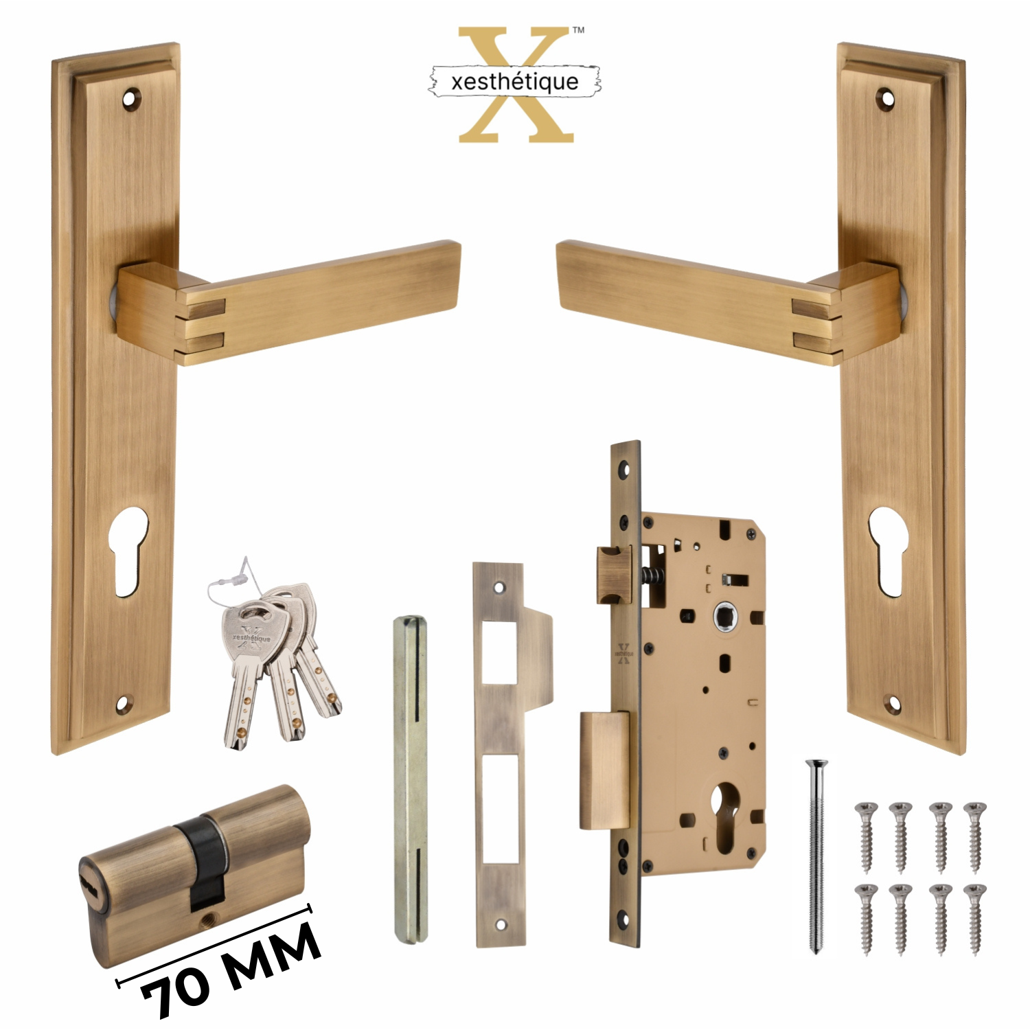 Xesthetique Premium Brass Mortise Door Lock Set – 10" Handle with Secure Both Side Ultra Key 70MM/90MM Pin Cylinder SIL103