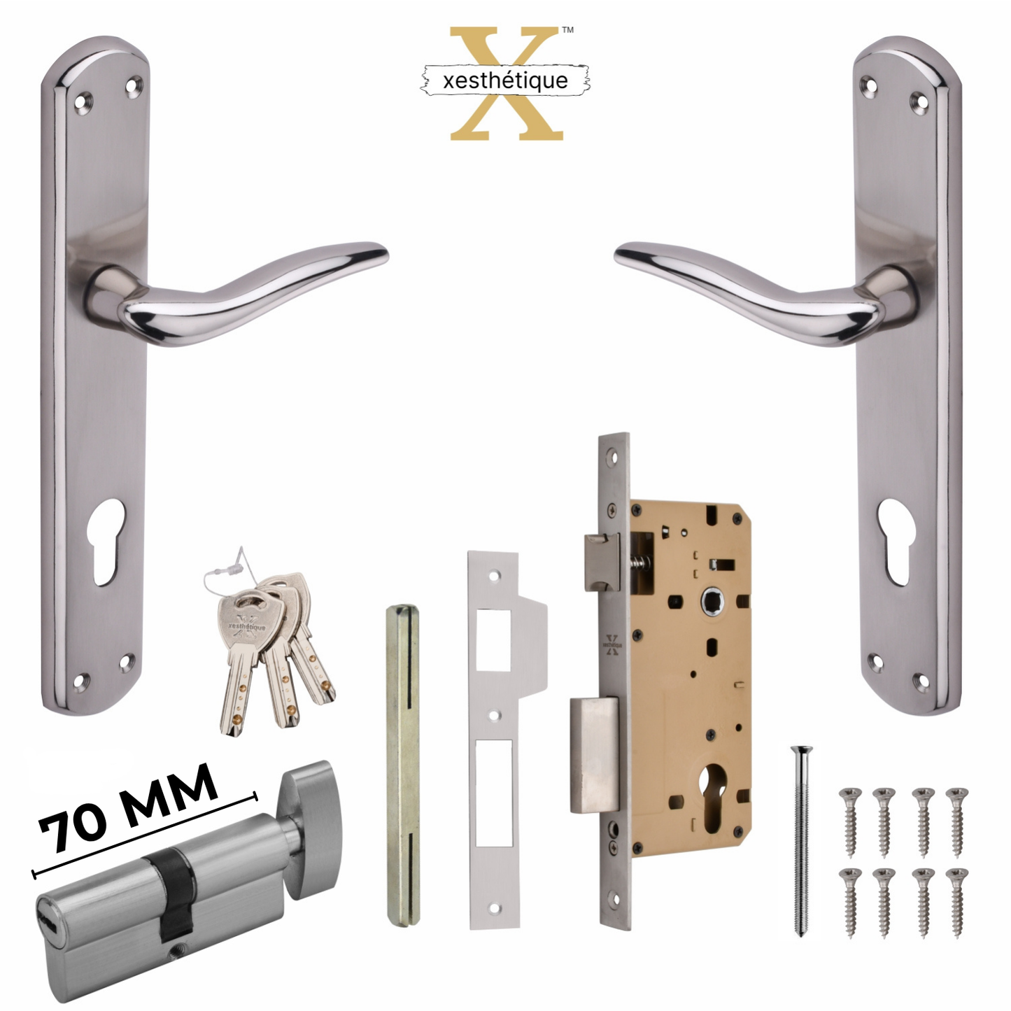 Xesthetique Premium Brass Mortise Door Lock Set – 10" Handle with Secure One Side Nobe Ultra Key 70MM/90MM Pin Cylinder FAU112
