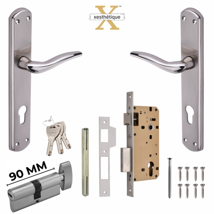 Xesthetique Premium Brass Mortise Door Lock Set – 10" Handle with Secure One Side Nobe Ultra Key 70MM/90MM Pin Cylinder FAU112