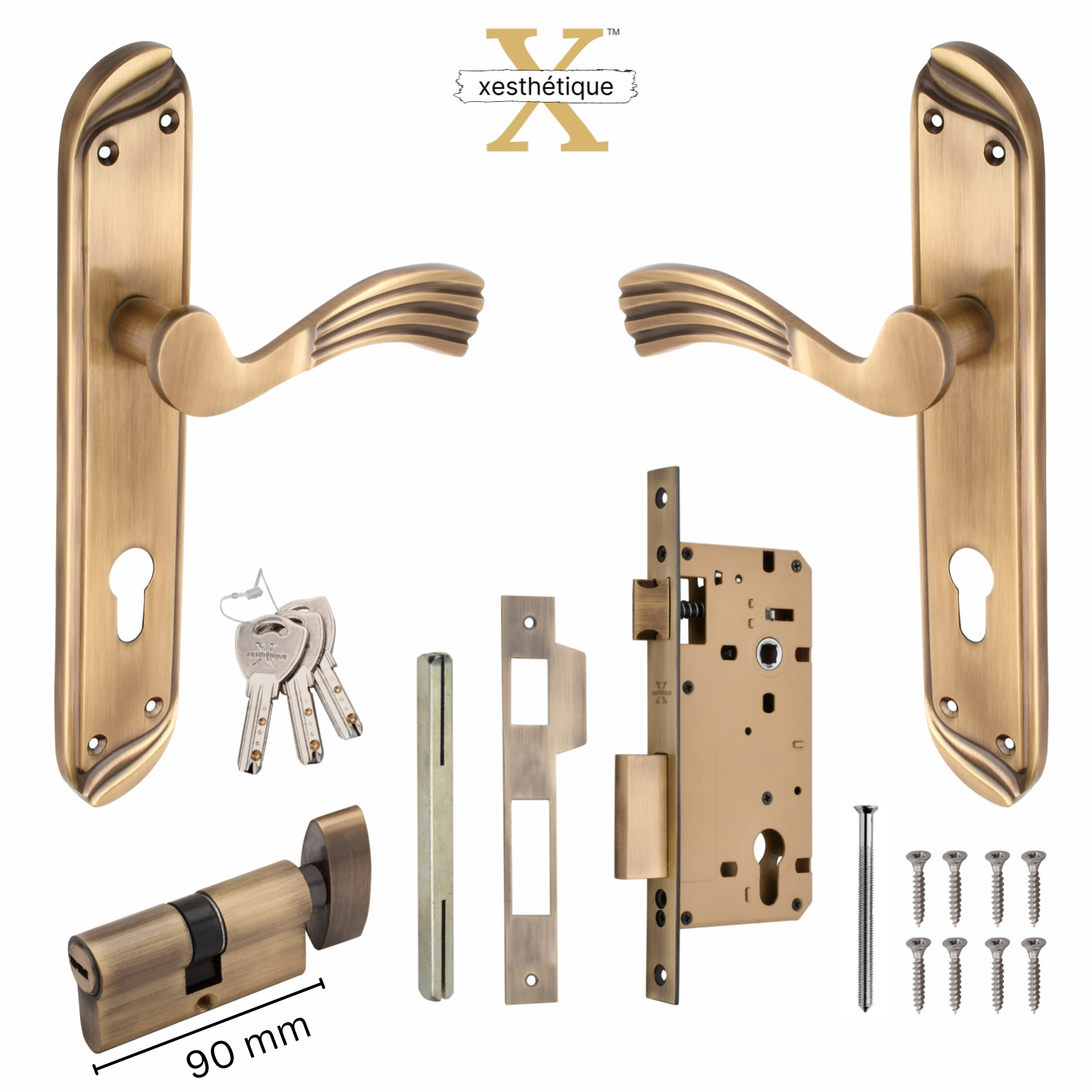 Xesthetique Vintage Brass Mortise Door Lock Set – 10" Handle with Secure One Side Nobe Ultra Key 70MM/90MM Pin Cylinder HU30