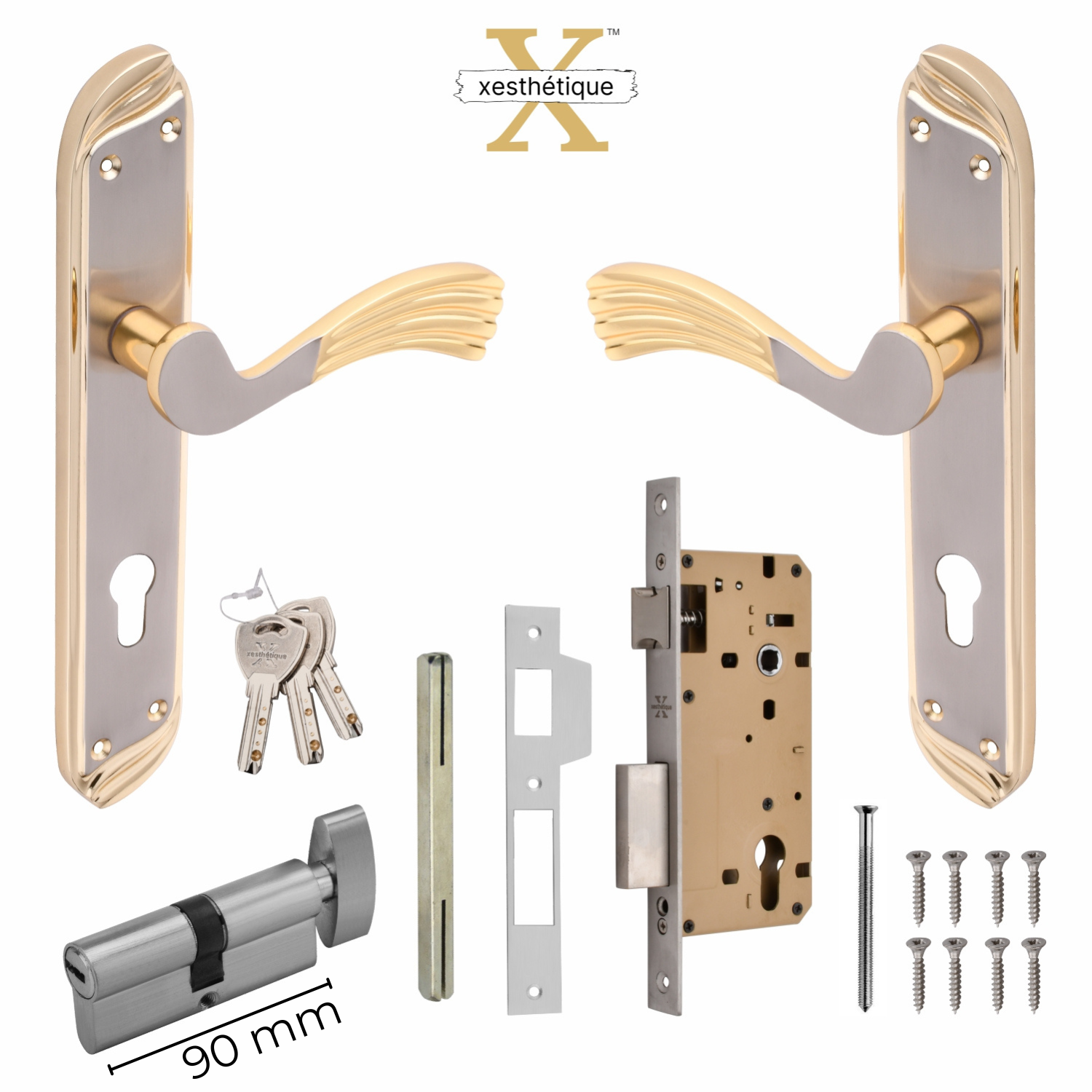 Xesthetique Vintage Brass Mortise Door Lock Set – 10" Handle with Secure One Side Nobe Ultra Key 70MM/90MM Pin Cylinder HU32