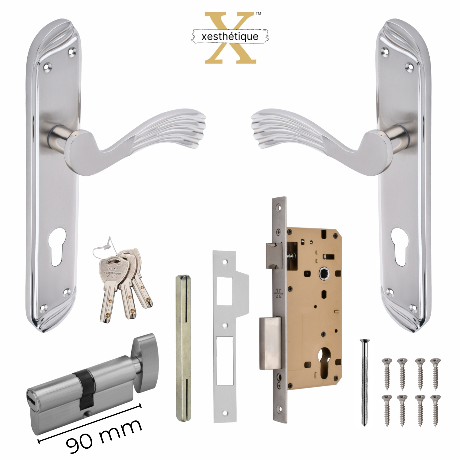 Xesthetique Vintage Brass Mortise Door Lock Set – 10" Handle with Secure One Side Nobe Ultra Key 70MM/90MM Pin Cylinder HU33