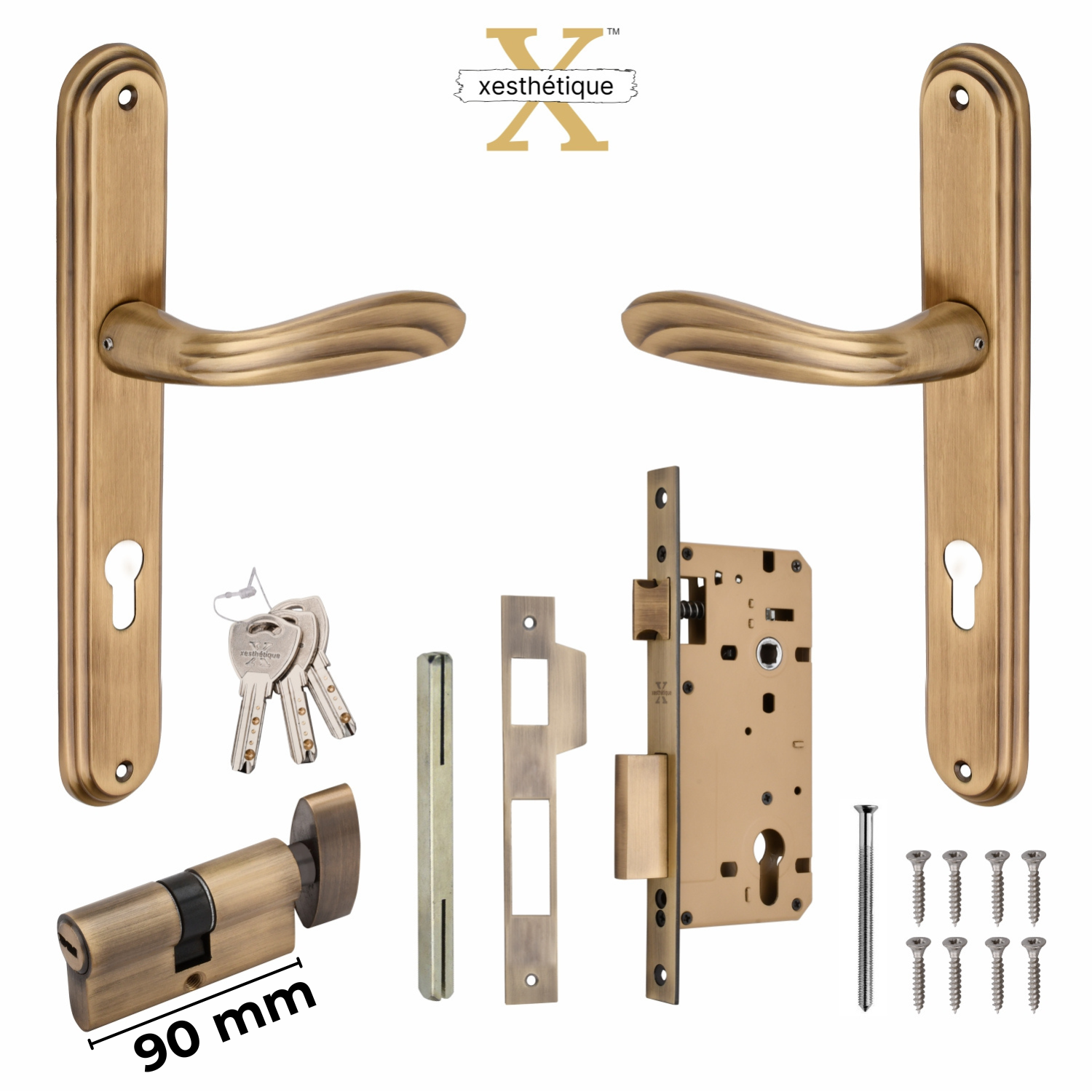 Xesthetique Vintage Brass Mortise Door Lock Set – 10" Handle with Secure One Side Nobe Ultra Key 70MM/90MM Pin Cylinder IR39