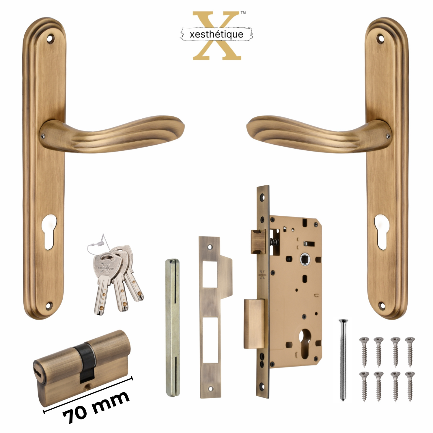 Xesthetique Vintage Brass Mortise Door Lock Set – 10" Handle with Secure Both Side Ultra Key 70MM/90MM Pin Cylinder IR38