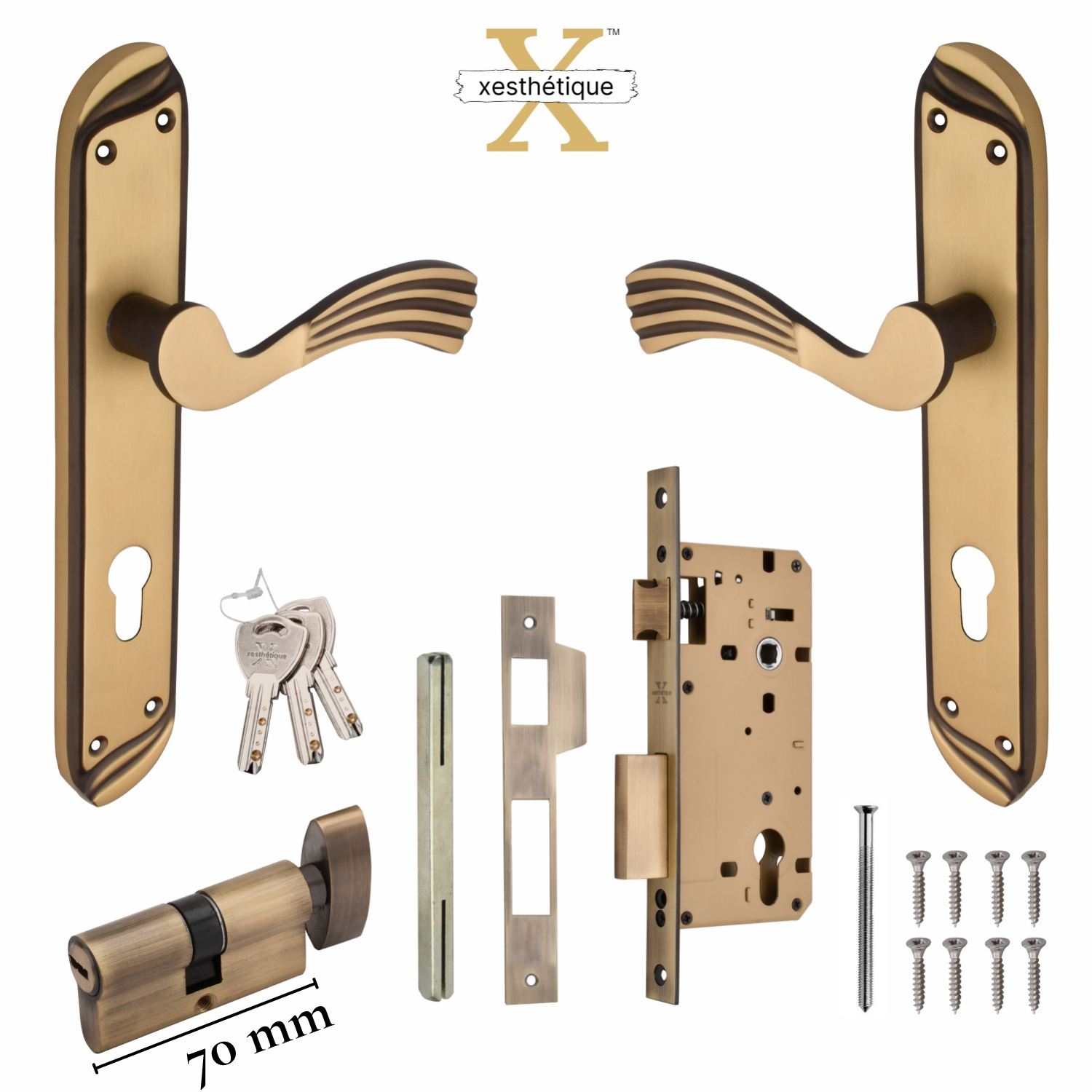 Xesthetique Vintage Brass Mortise Door Lock Set – 10" Handle with Secure One Side Nobe Ultra Key 70MM/90MM Pin Cylinder HU31