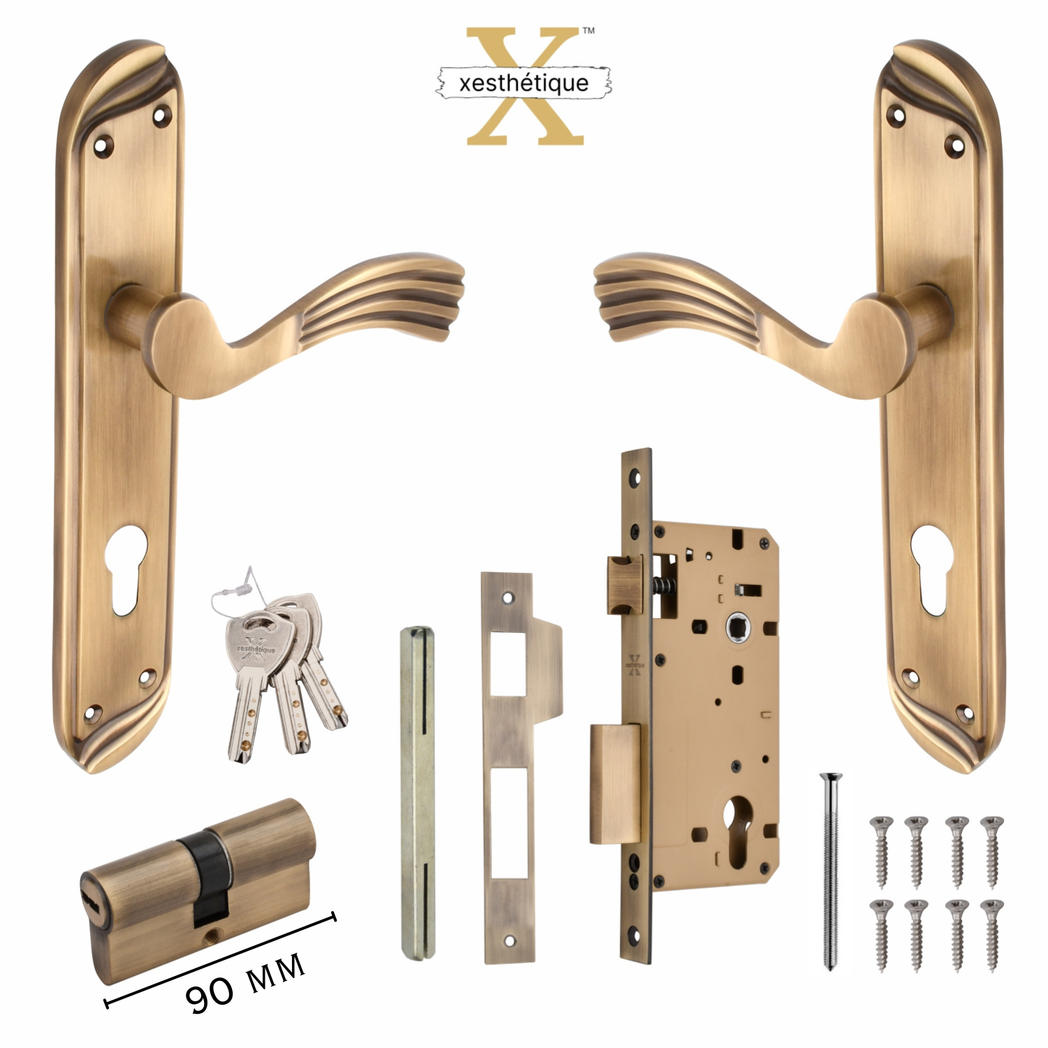 Xesthetique Vintage Brass Mortise Door Lock Set – 10" Handle with Secure Both Side Ultra Key 70MM/90MM Pin Cylinder HU26