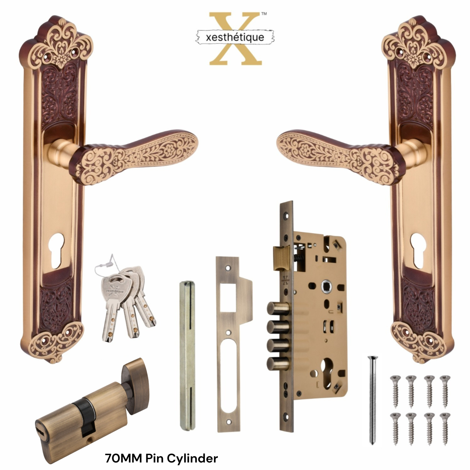 Xesthetique Vintage Brass Mortise Door Lock Set – 10" Handle with Secure One Side Nobe Ultra Key 70MM/90MM Pin Cylinder AP19