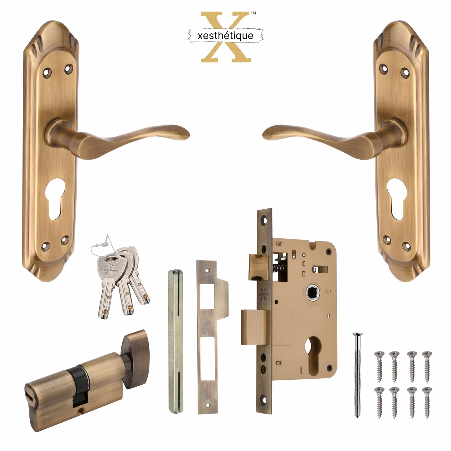 Xesthetique Premium Brass Mortise Door Lock Set – 8" Handle with Secure One Side Nobe Key Cylinder AE10