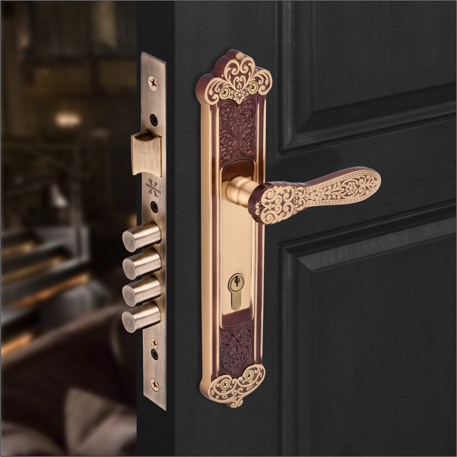 Xesthetique Vintage Brass Mortise Door Lock Set – 10" Handle with Secure 4 Bullet Lock Both Side Ultra Key/One Side Nobe Ultra Key Cylinder AP169