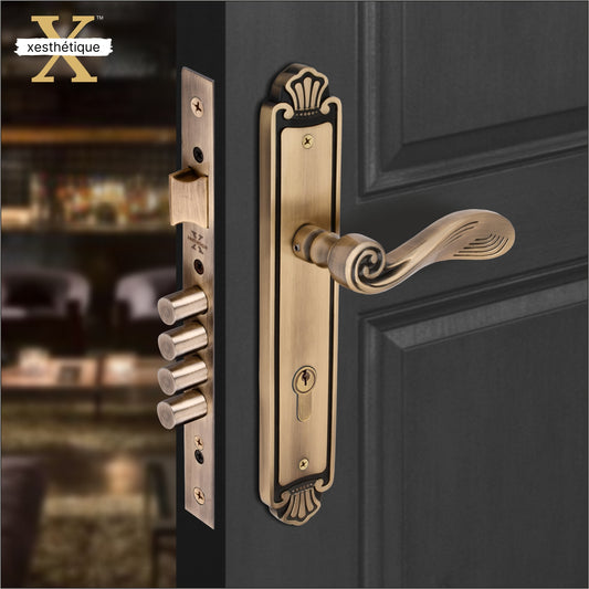 Xesthetique Vintage Brass Mortise Door Lock Set – 11" Handle with Secure 4 Bullet Lock One Side Nobe Ultra Key 70MM/90MM Pin Cylinder AT64