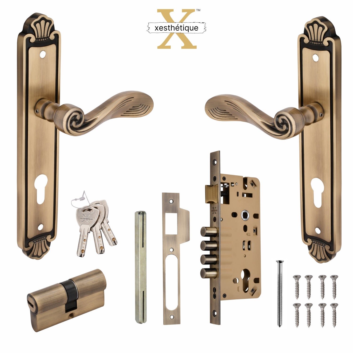 Xesthetique Vintage Brass Mortise Door Lock Set – 11" Handle with Secure 4 Bullet Lock Both Side Ultra Key Cylinder AT61