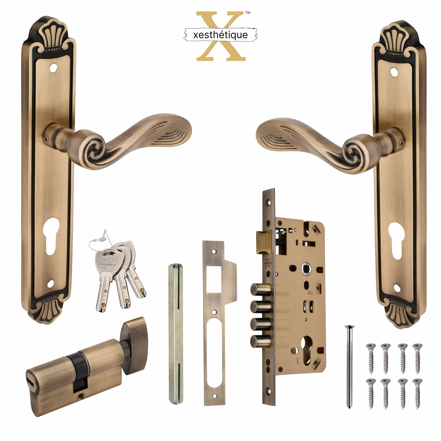 Xesthetique Vintage Brass Mortise Door Lock Set – 11" Handle with Secure 4 Bullet Lock One Side Nobe Ultra Key Cylinder AT62