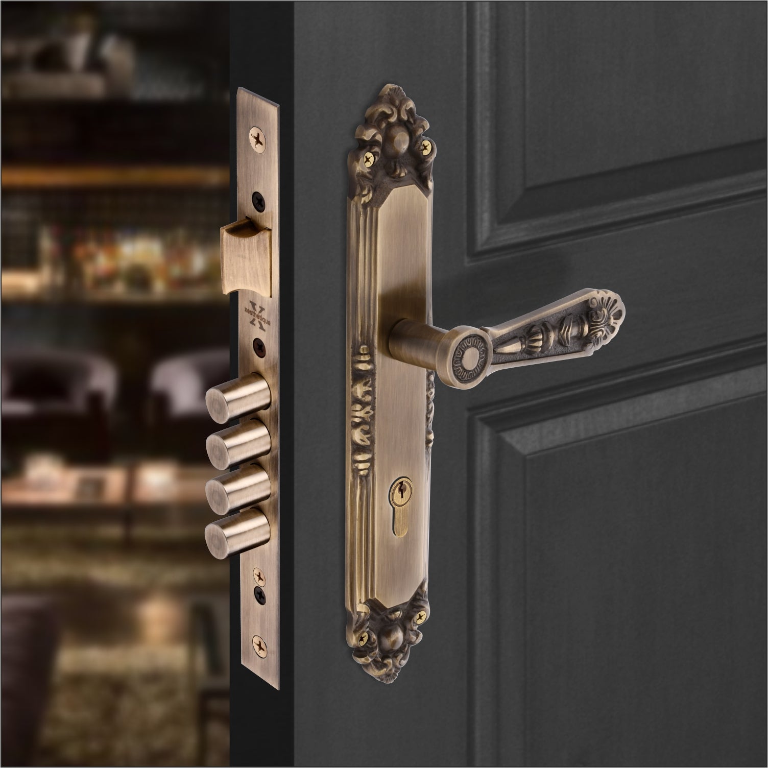 Xesthetique Vintage Brass Mortise Door Lock Set – 10" Handle with Secure 4 Bullet Lock One Side Nobe Ultra Key 70MM/90MM Pin Cylinder AU70