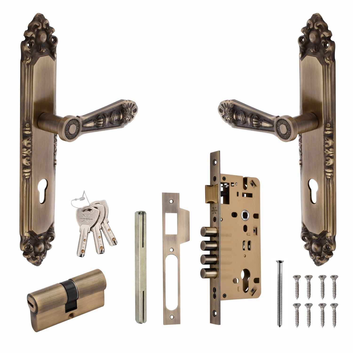 Xesthetique Vintage Brass Mortise Door Lock Set – 10" Handle with Secure 4 Bullet Lock Both Side Ultra Key Cylinder AU65