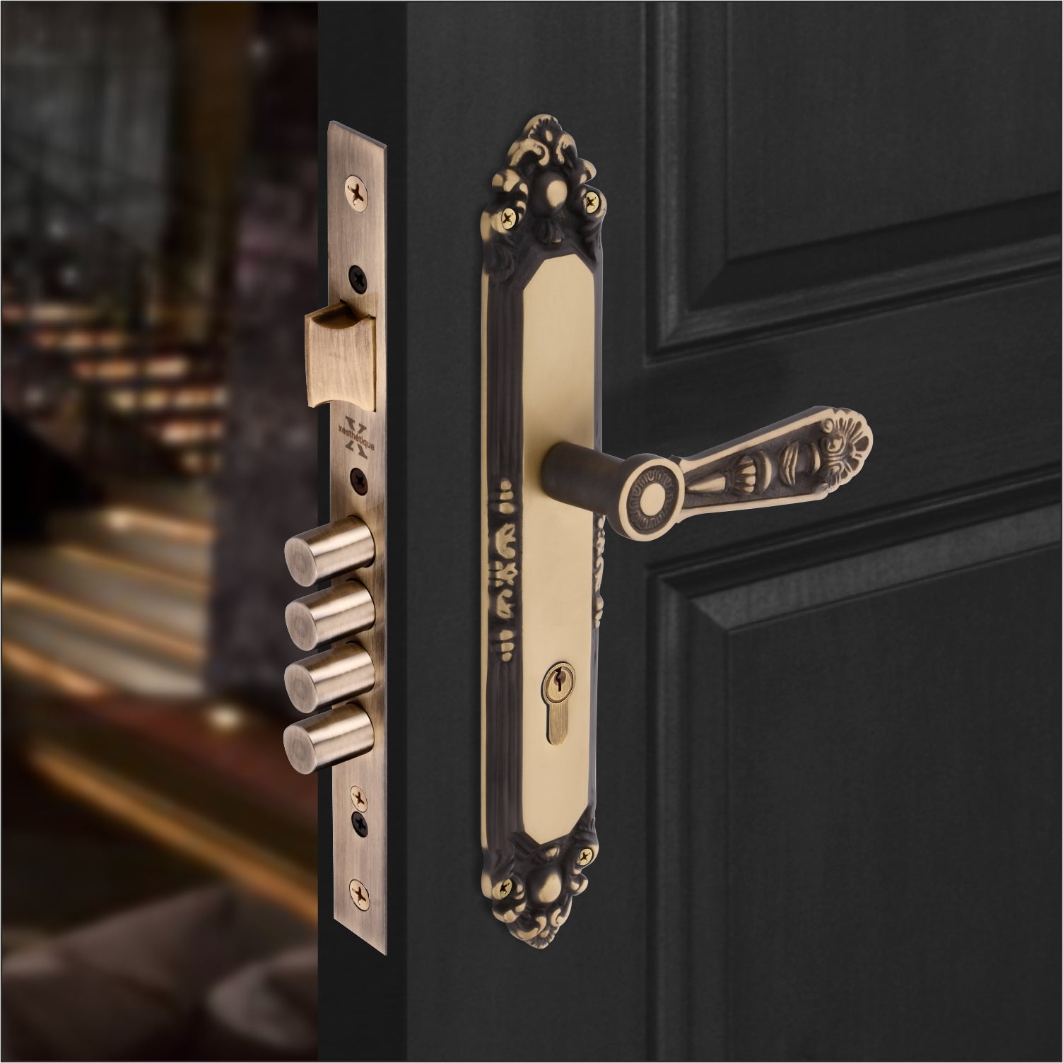 Xesthetique Vintage Brass Mortise Door Lock Set – 10" Handle with Secure 4 Bullet Lock One Side Nobe Ultra Key 70MM/90MM Pin Cylinder AU69