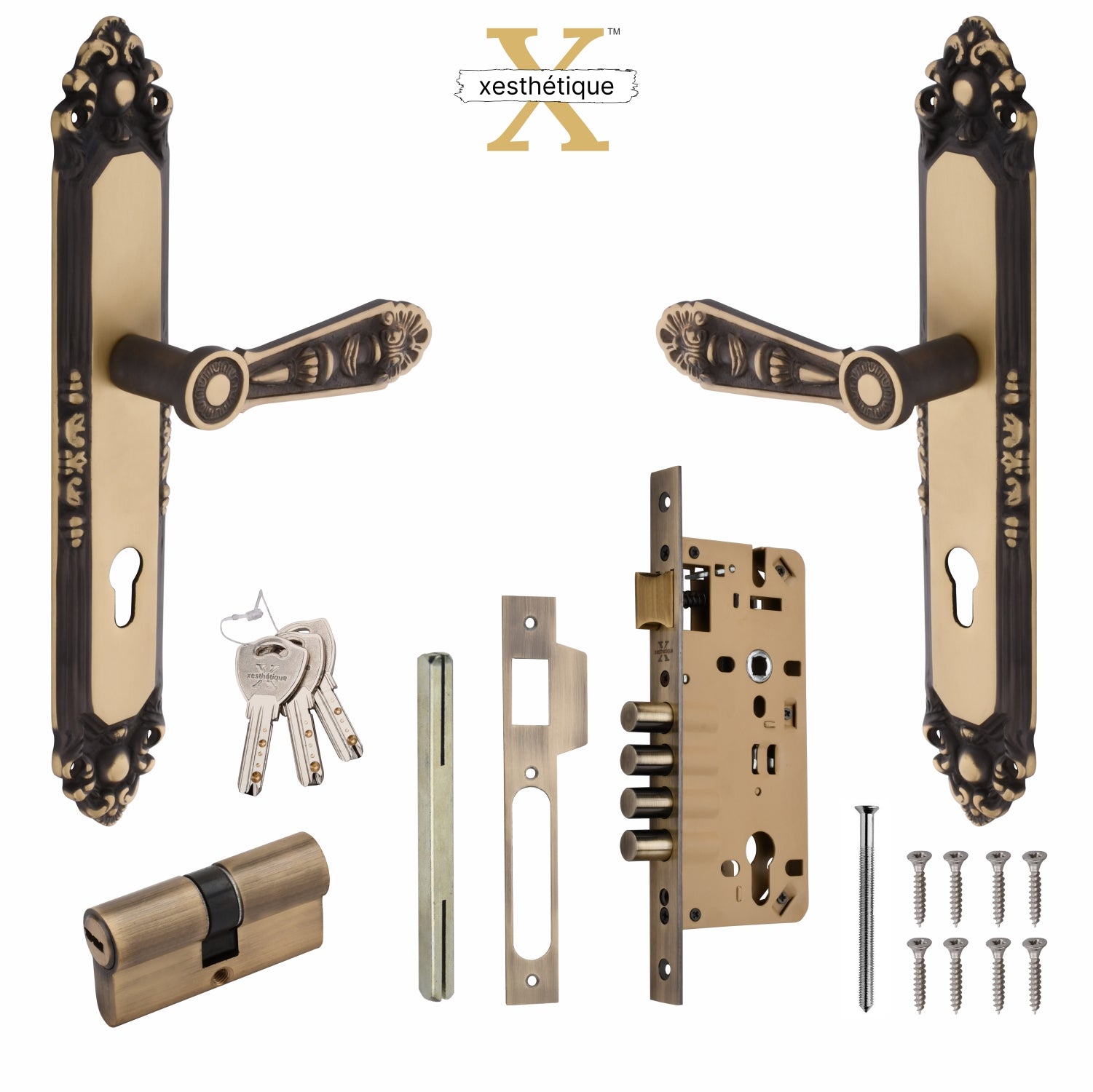 Xesthetique Vintage Brass Mortise Door Lock Set – 10" Handle with Secure 4 Bullet Lock Both Side Ultra Key Cylinder AU65
