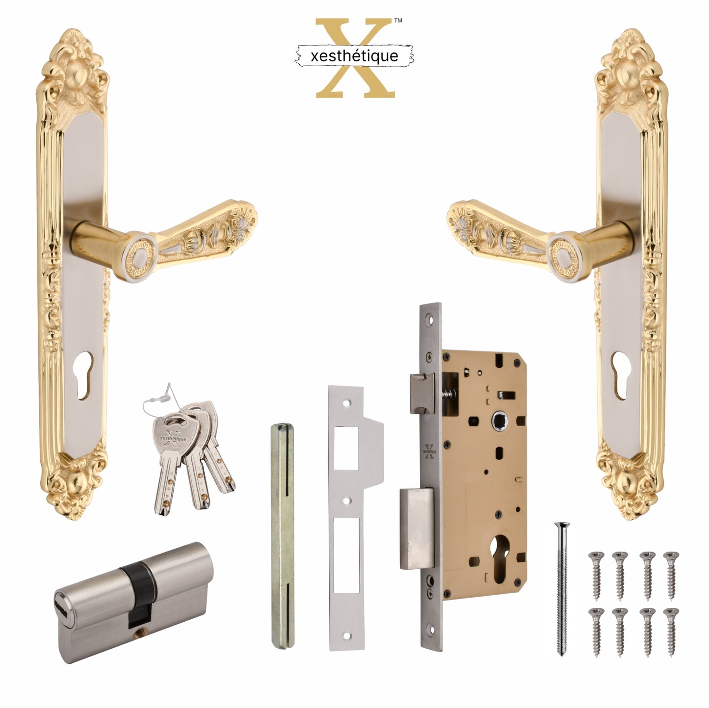 Xesthetique Vintage Brass Mortise Door Lock Set – 10" Handle with Secure Both Side Ultra Key/One Side Nobe Ultra Key Cylinder AU71
