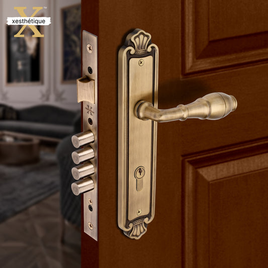 Xesthetique Vintage Brass Mortise Door Lock Set – 10" Handle with Secure 4 Bullet Lock One Side Nobe Ultra Key 70MM/90MM Pin Cylinder AUR76