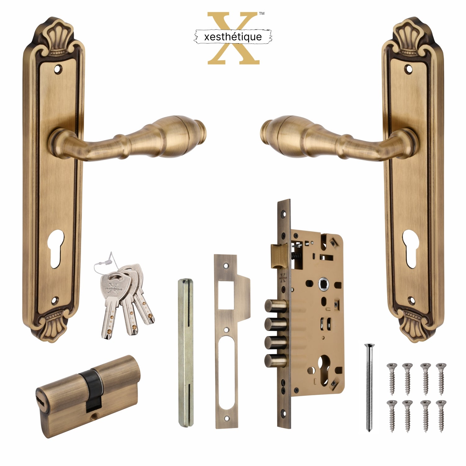 Xesthetique Vintage Brass Mortise Door Lock Set – 10" Handle with Secure 4 Bullet Lock Both Side Ultra Key/One Side Nobe Ultra Key Cylinder AUR74