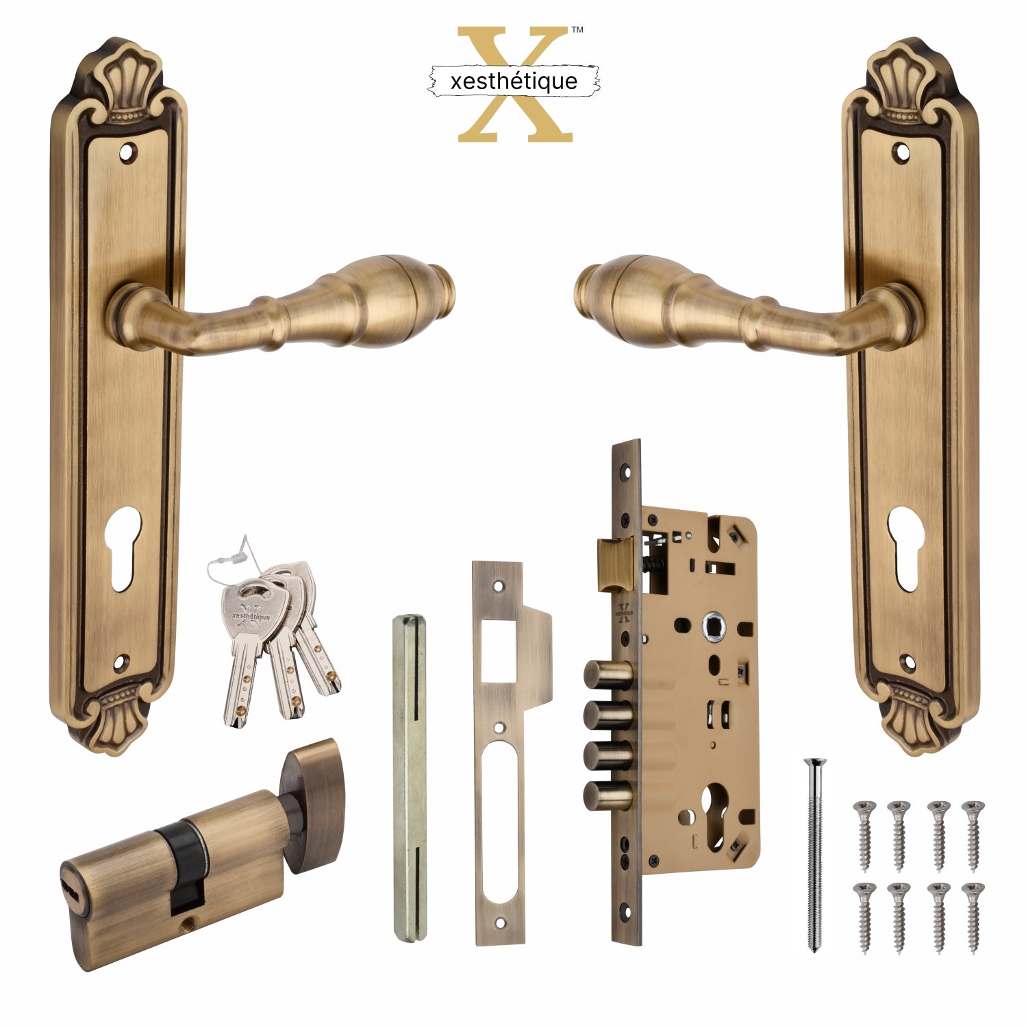 Xesthetique Vintage Brass Mortise Door Lock Set – 10" Handle with Secure 4 Bullet Lock Both Side Ultra Key/One Side Nobe Ultra Key Cylinder AUR74