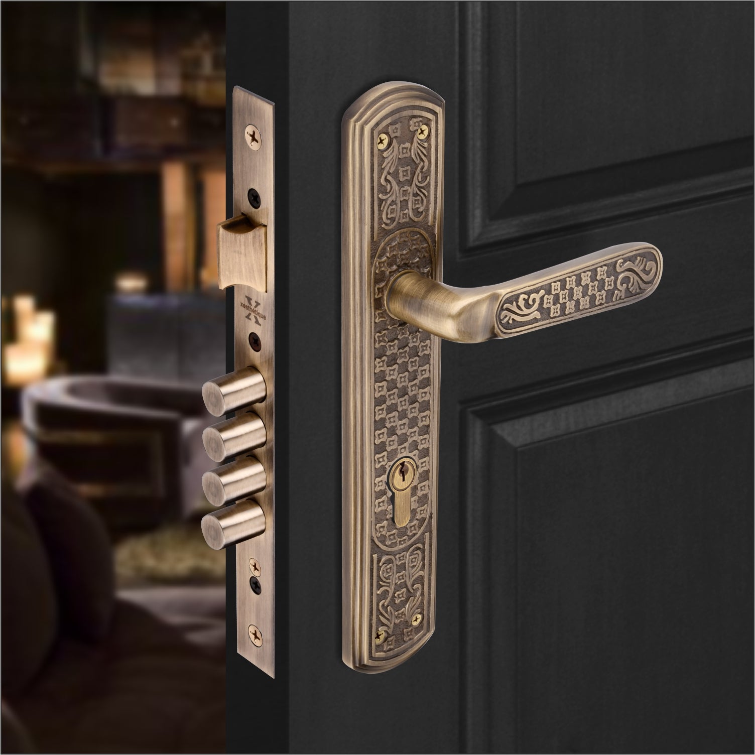 Xesthetique Vintage Brass Mortise Door Lock Set – 10" Handle with Secure 4 Bullet Lock One Side Nobe Ultra Key 70MM/90MM Pin Cylinder BE80