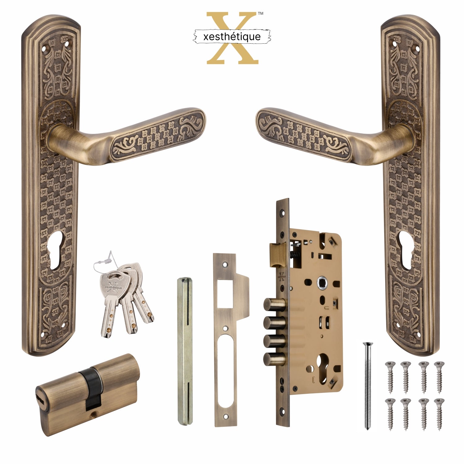 Xesthetique Vintage Brass Mortise Door Lock Set – 10" Handle with Secure 4 Bullet Lock Both Side Ultra Key Cylinder BE77