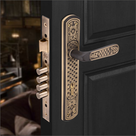 Xesthetique Vintage Brass Mortise Door Lock Set – 10" Handle with Secure 4 Bullet Lock One Side Nobe Ultra Key 70MM/90MM Pin Cylinder BE82