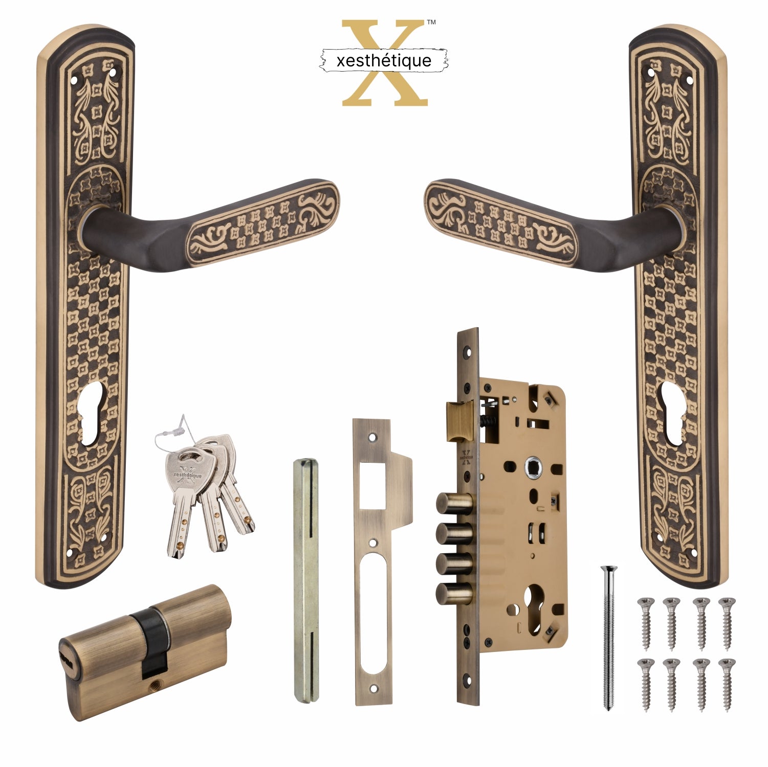 Xesthetique Vintage Brass Mortise Door Lock Set – 10" Handle with Secure 4 Bullet Lock Both Side Ultra Key Cylinder BE77