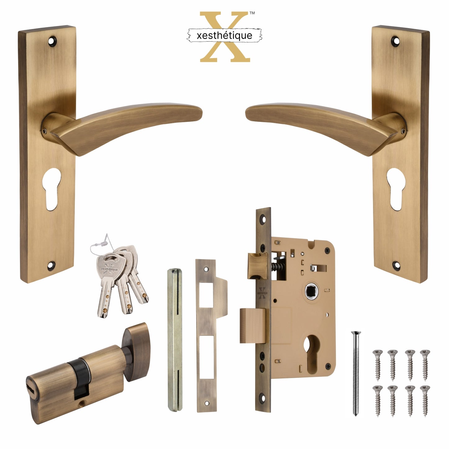 Xesthetique Premium Brass Mortise Door Lock Set – 8" Handle with Secure One Side Nobe Ultra Key Cylinder CASP144