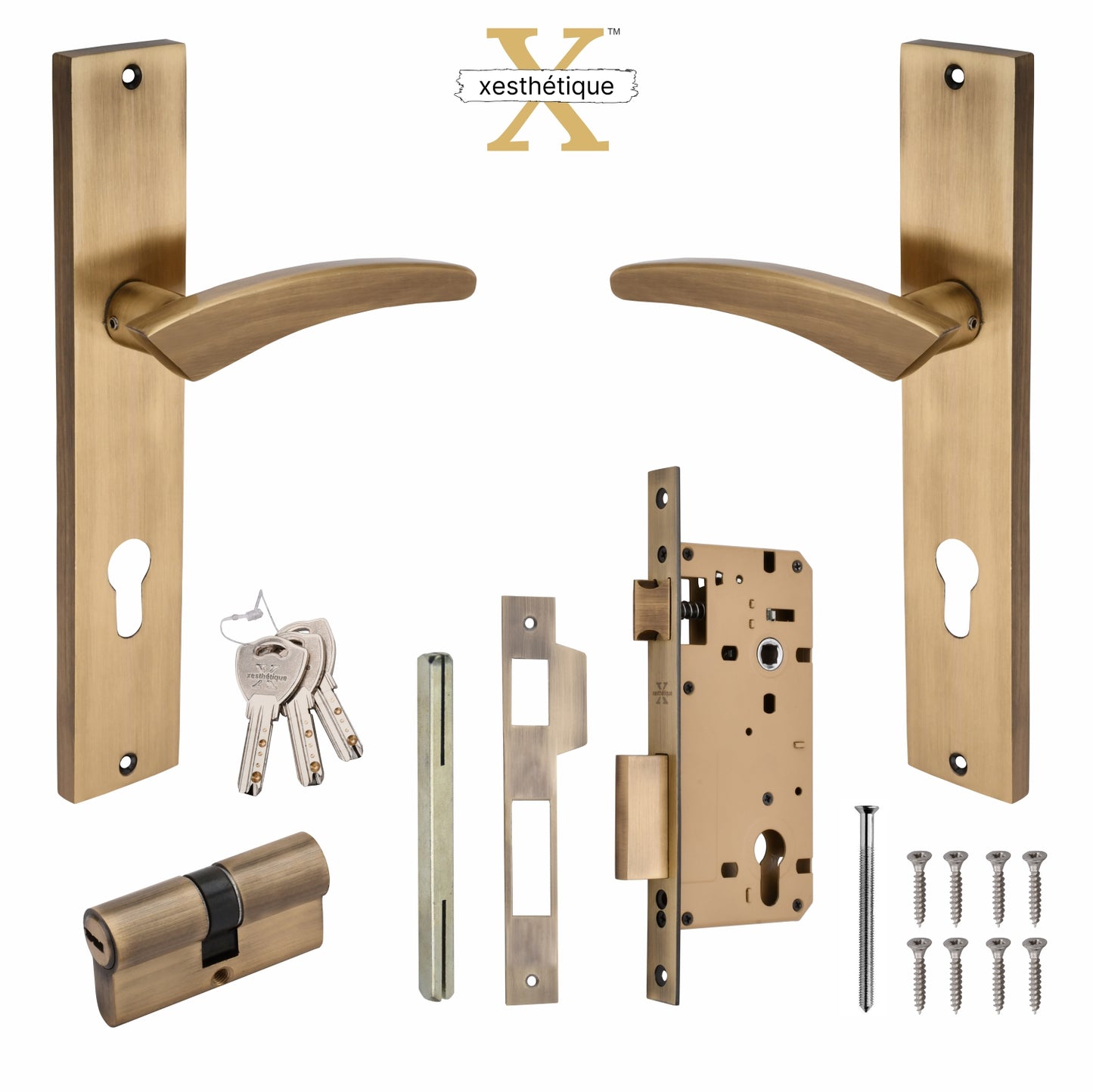 Xesthetique Premium Brass Mortise Door Lock Set – 10" Handle with Secure Both Side Ultra Key Cylinder CASP145