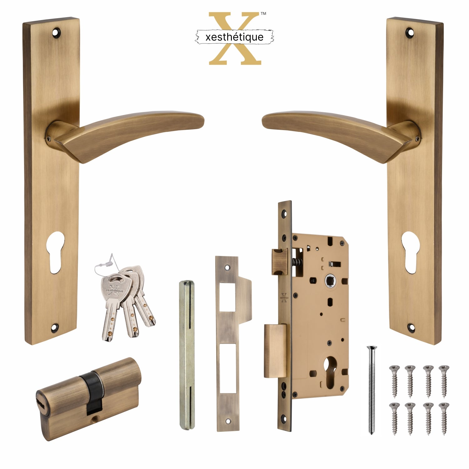 Xesthetique Premium Brass Mortise Door Lock Set – 10" Handle with Secure Both Side Ultra Key Cylinder CASP145