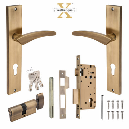 Xesthetique Premium Brass Mortise Door Lock Set – 10" Handle with Secure One Side Nobe Ultra Key Cylinder CASP146