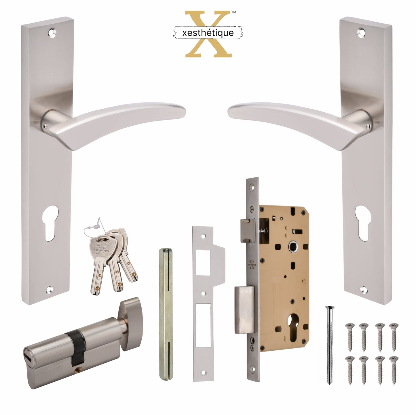 Xesthetique Premium Brass Mortise Door Lock Set – 10" Handle with Secure One Side Nobe Ultra Key Cylinder CASP146