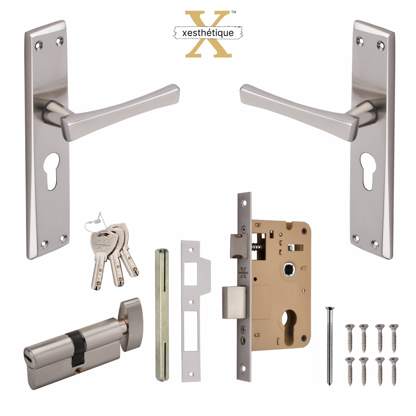 Xesthetique Premium Brass Mortise Door Lock Set – 8" Handle with Secure One Side Nobe Key Cylinder CH15