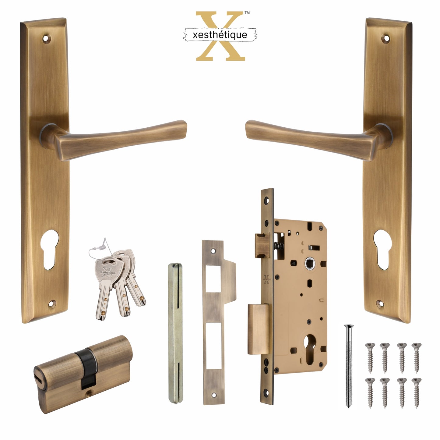 Xesthetique Premium Brass Mortise Door Lock Set – 10" Handle with Secure Both Side Key Cylinder CH12