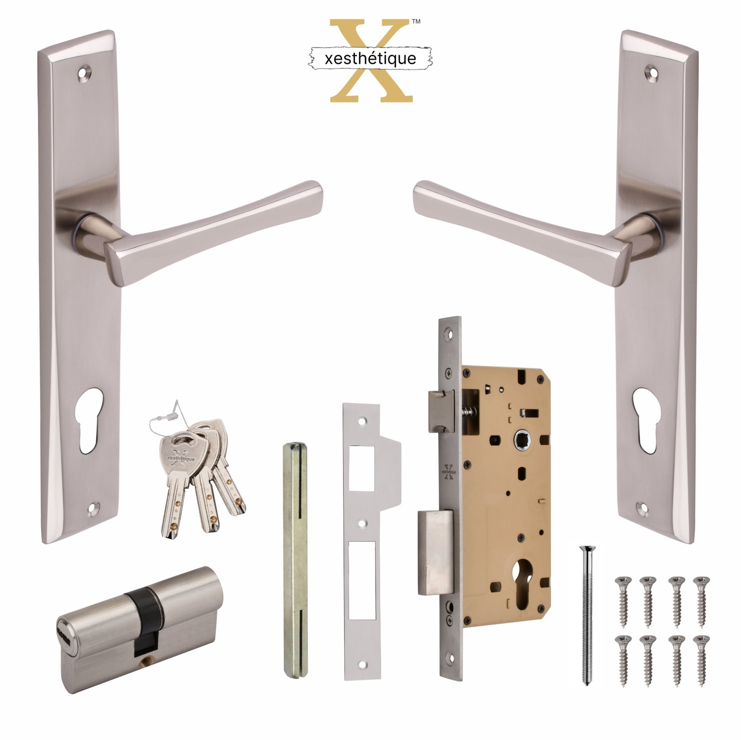 Xesthetique Premium Brass Mortise Door Lock Set – 10" Handle with Secure Both Side Key Cylinder CH12